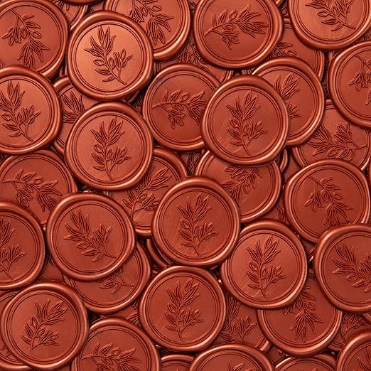 PONATIA 50PCS Terracotta Orange Wax Seal Stickers - Eucalyptus Design Self- Adhesive Stickers Perfect for Wedding Invitation, Envelopes, Christmas Cards, Menu, Vellum Jackets Decoraction