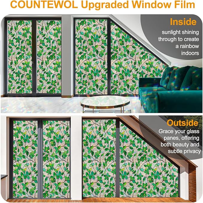 Window Privacy Film Stain Glass Window Film Rainbow Window Film Window clings Non-Adhesive Reusable Decorative for Room (Greenery Leaf, 35.4 x 157.4 in)