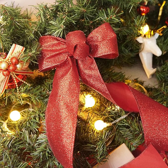 CT CRAFT LLC Glitter Wired Ribbon 2.5" x 10 Yards Red for Christmas Home Decor Bow Gift Wrapping DIY Crafts Wreath