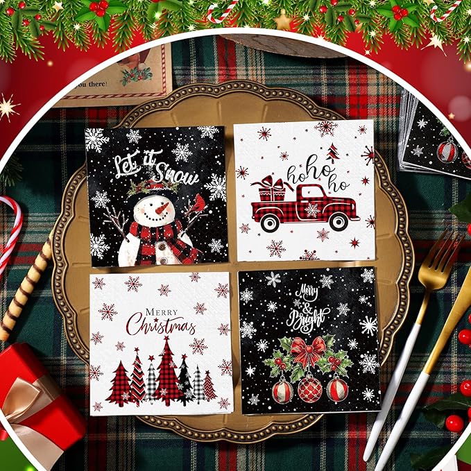 Janlaugh 200 Pcs Christmas Paper Napkins Disposable Snowman Cocktail Napkins Decoupage 2 Ply Snowflake Dinner Napkins Santa Beverage Napkins for Xmas Winter Table Decor(Black,Snowman)