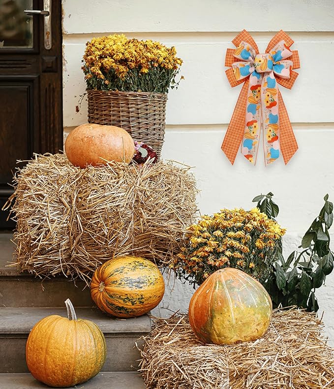 2 Rolls Fall Pumpkins Leaves Ribbons for Bows, Thanksgiving Wired Edge Ribbon Orange Buffalo Plaid Burlap Ribbons for Gift Wrapping Autumn Thanksgiving Decoration Supplies