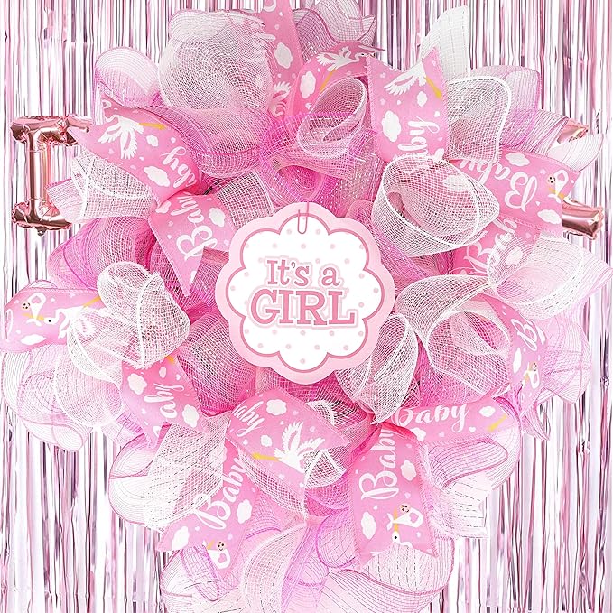 MEEDEE Pink Baby Ribbon for Baby Shower - 2.5 Inch Burlap Wired Ribbon for Diaper Cake, Welcome Home Baby Girl Shower Favors Gift Box Table Decor (10 Yards)