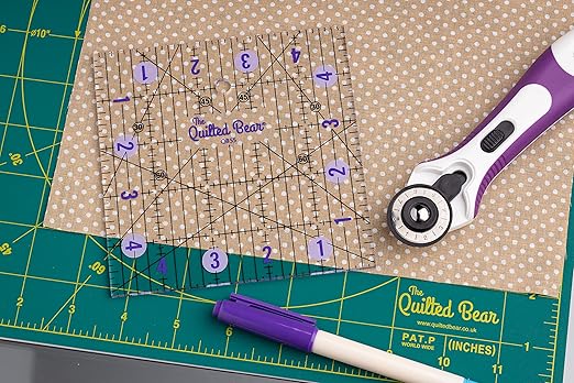 The Quilted Bear Quilting Rulers - Transparent Acrylic Non Slip Quilting, Patchwork & Sewing Ruler with Clear Black Lines & 30, 45 & 60 Degree Angles for Perfect Accuracy & Precision (2.5" x 2.5")