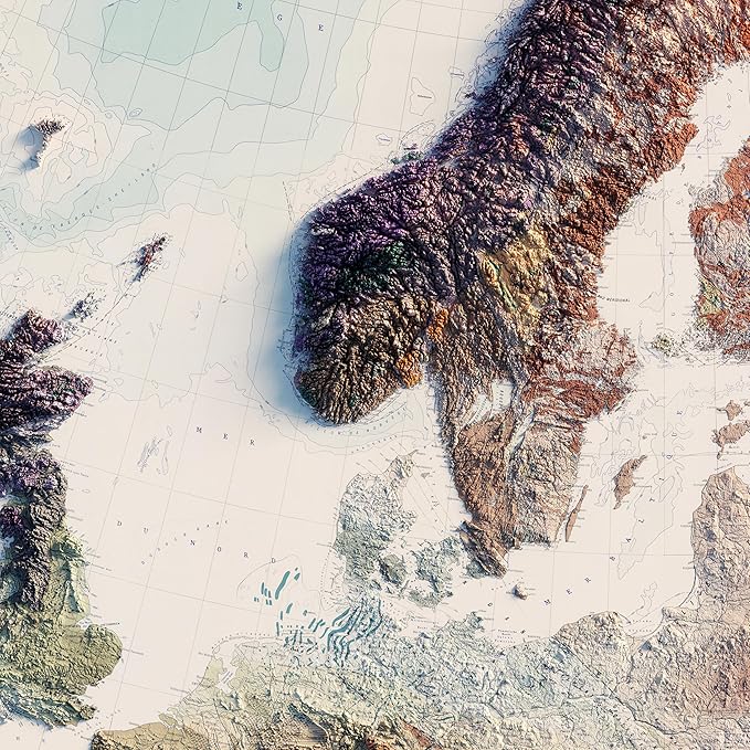 Muir Way Shaded Relief Elevation Map of Europe - Vintage-Style Topographic Wall Art with Map Look - Unframed Flat Paper Print, 24x20
