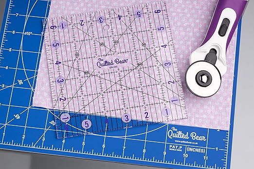 The Quilted Bear Quilting Rulers - Transparent Acrylic Non Slip Quilting, Patchwork & Sewing Ruler with Clear Black Lines & 30, 45 & 60 Degree Angles for Perfect Accuracy & Precision (4" x 4")