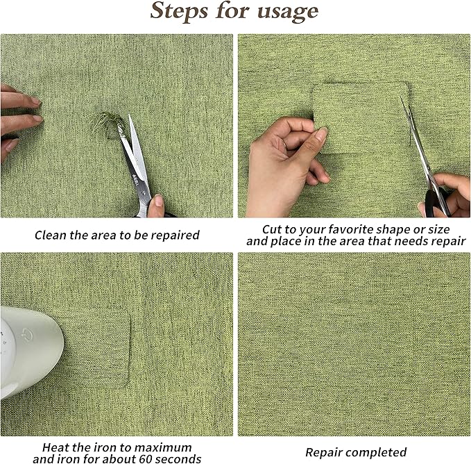 King Mountain Premium Linen Fabric Iron-on Repair Patch Kit, 3"x60" with Backing Glue, Decorative Patch for Inside & Outside Fabric Repair (Linen, Grass Green)